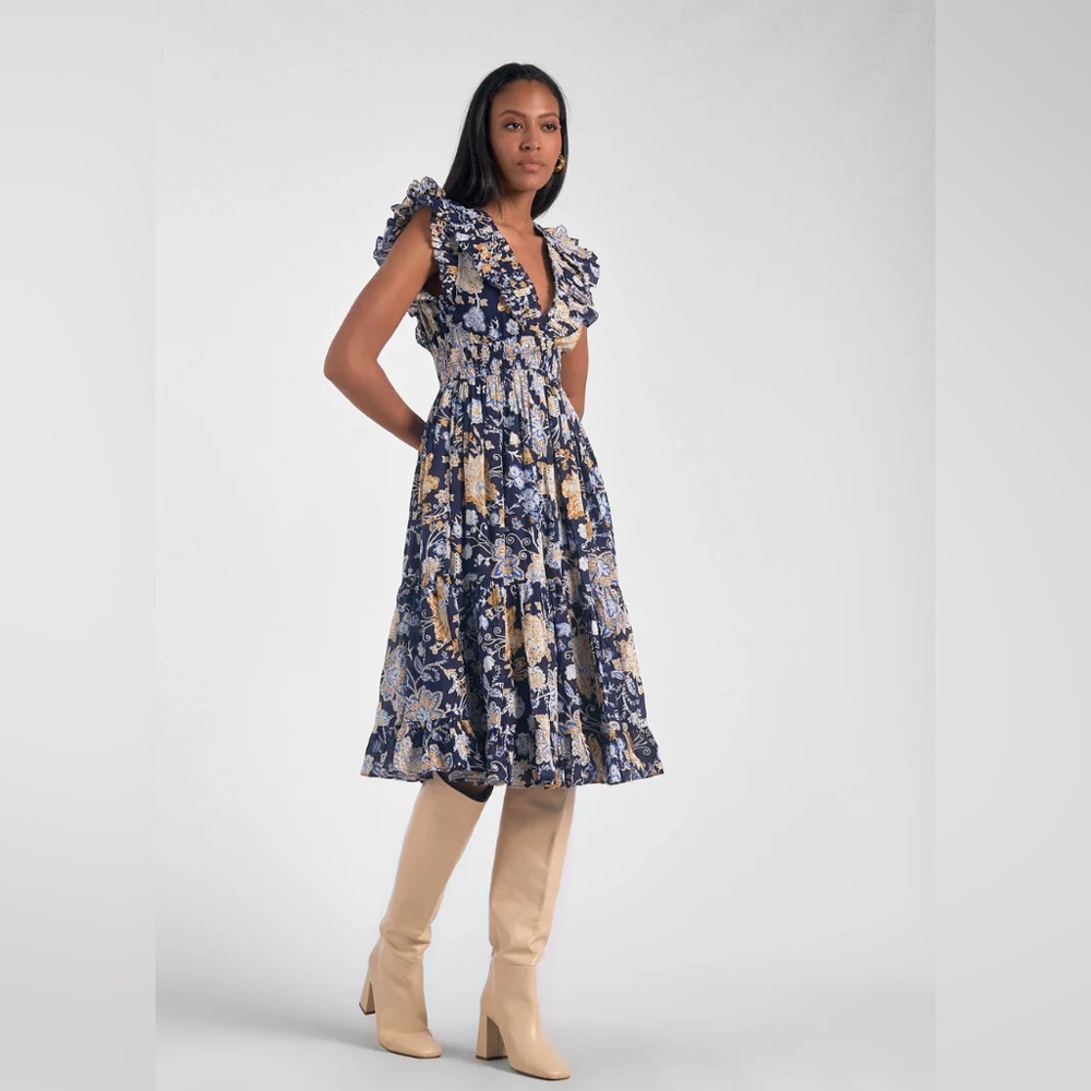 Elan 100% Cotton Emma Tiered Floral Navy Midi Dress SMALL Cottagecore Feminine - Picture 2 of 10